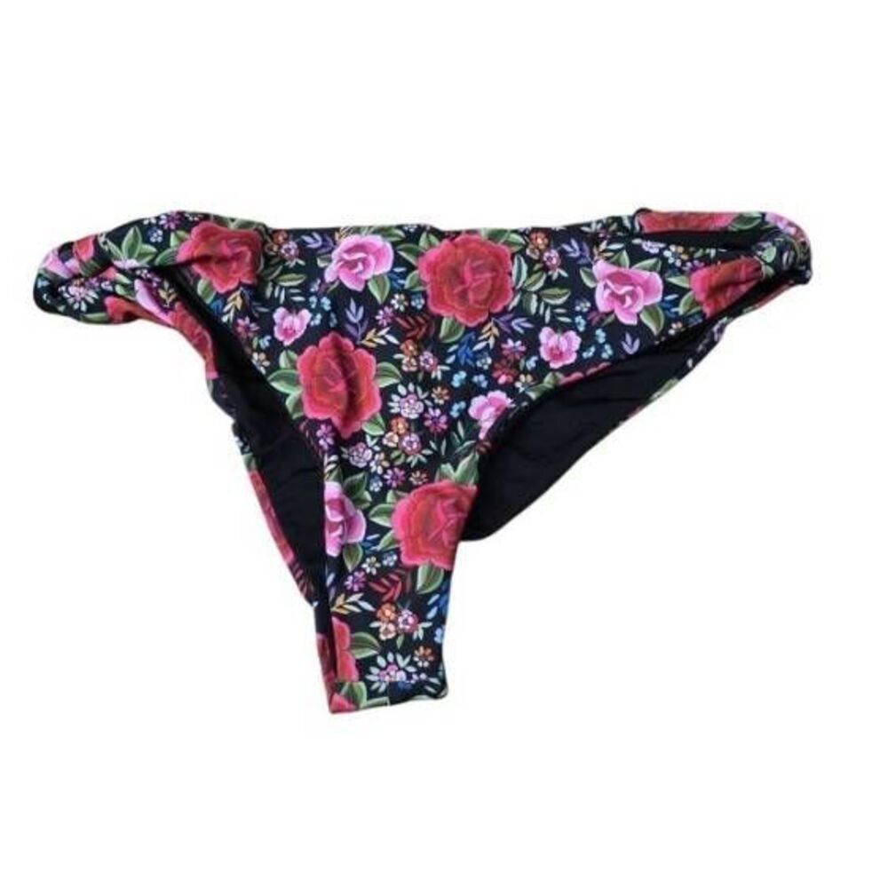 Nicolita Women's Size XL Black Pink Spanish Rose Ruched Bottom Bikini Bottoms
